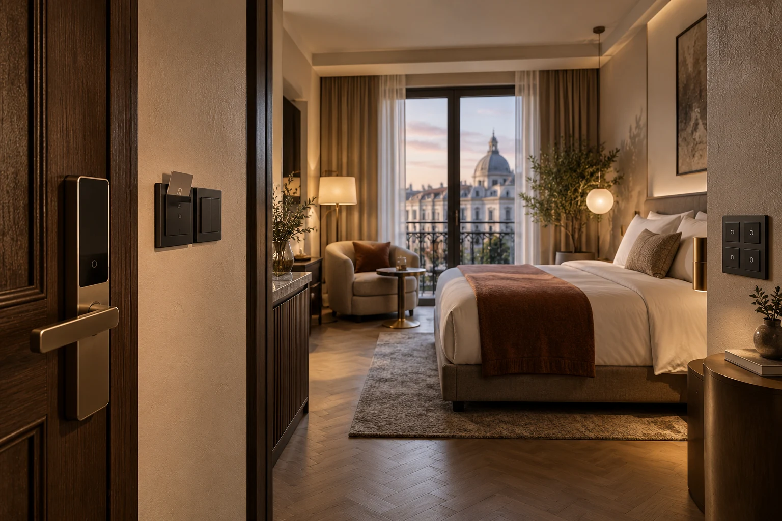 Illustrative European hotel room with smart access and room controls