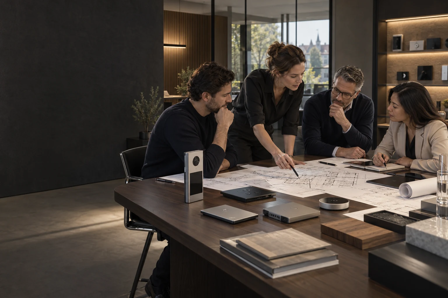 Illustrative project consultation with building plans and hardware samples