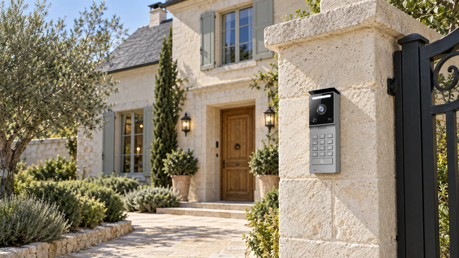 Illustrative European villa with an IP55 Tuya Smart 2 Wire outdoor station.