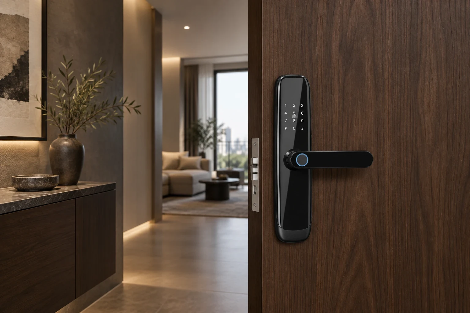 Illustrative apartment interior door with a compact smart lock.