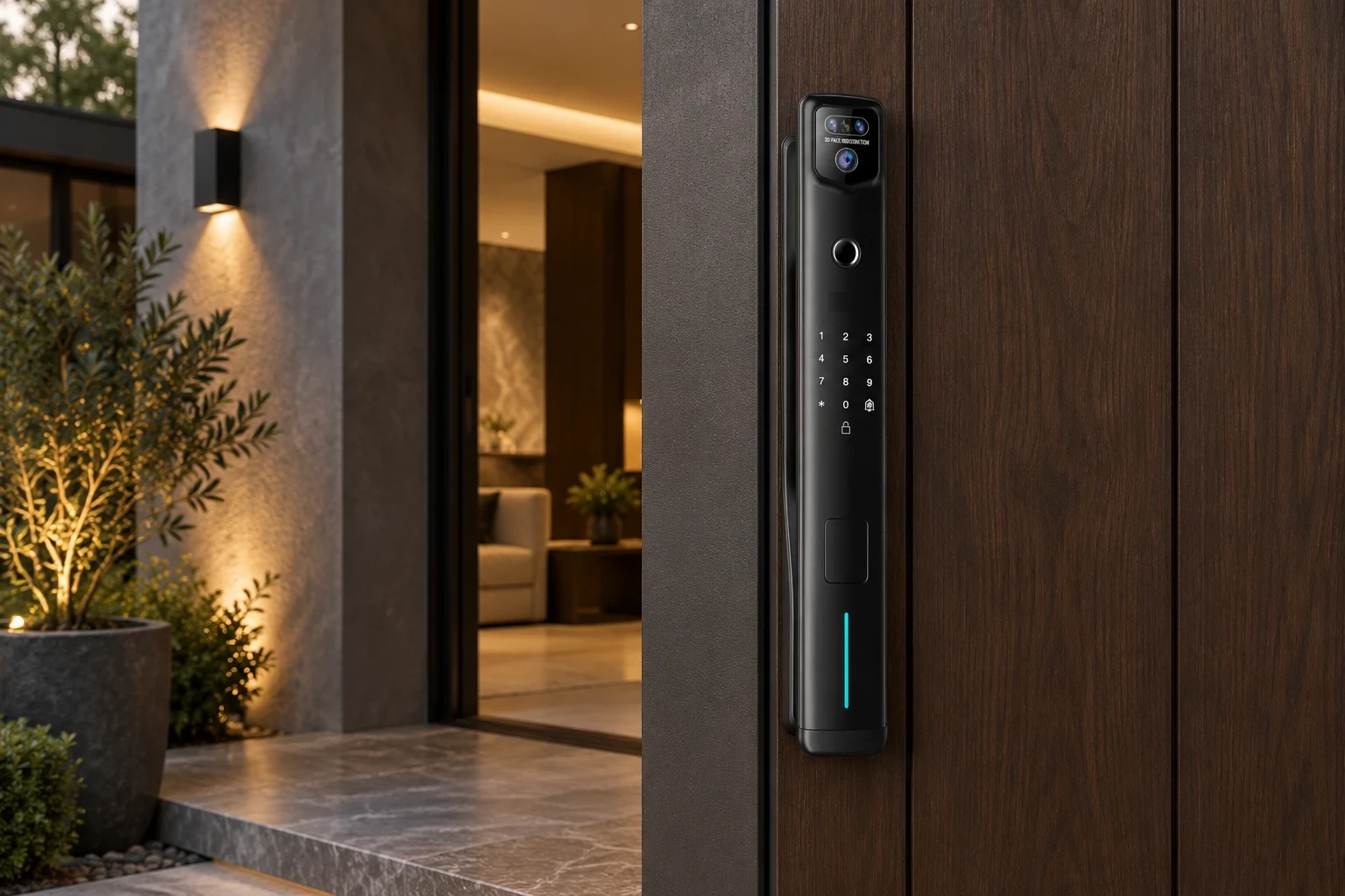 Illustrative residential entrance featuring an automatic smart lock.