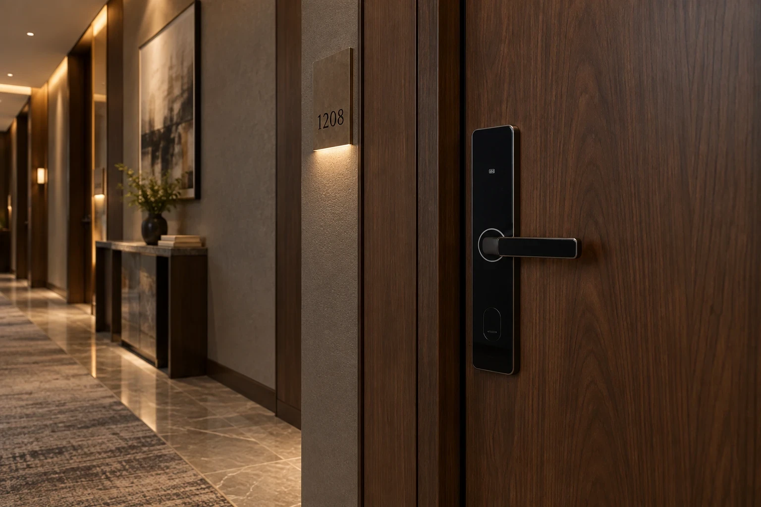 Illustrative hotel corridor and guest-room door with a hotel lock.