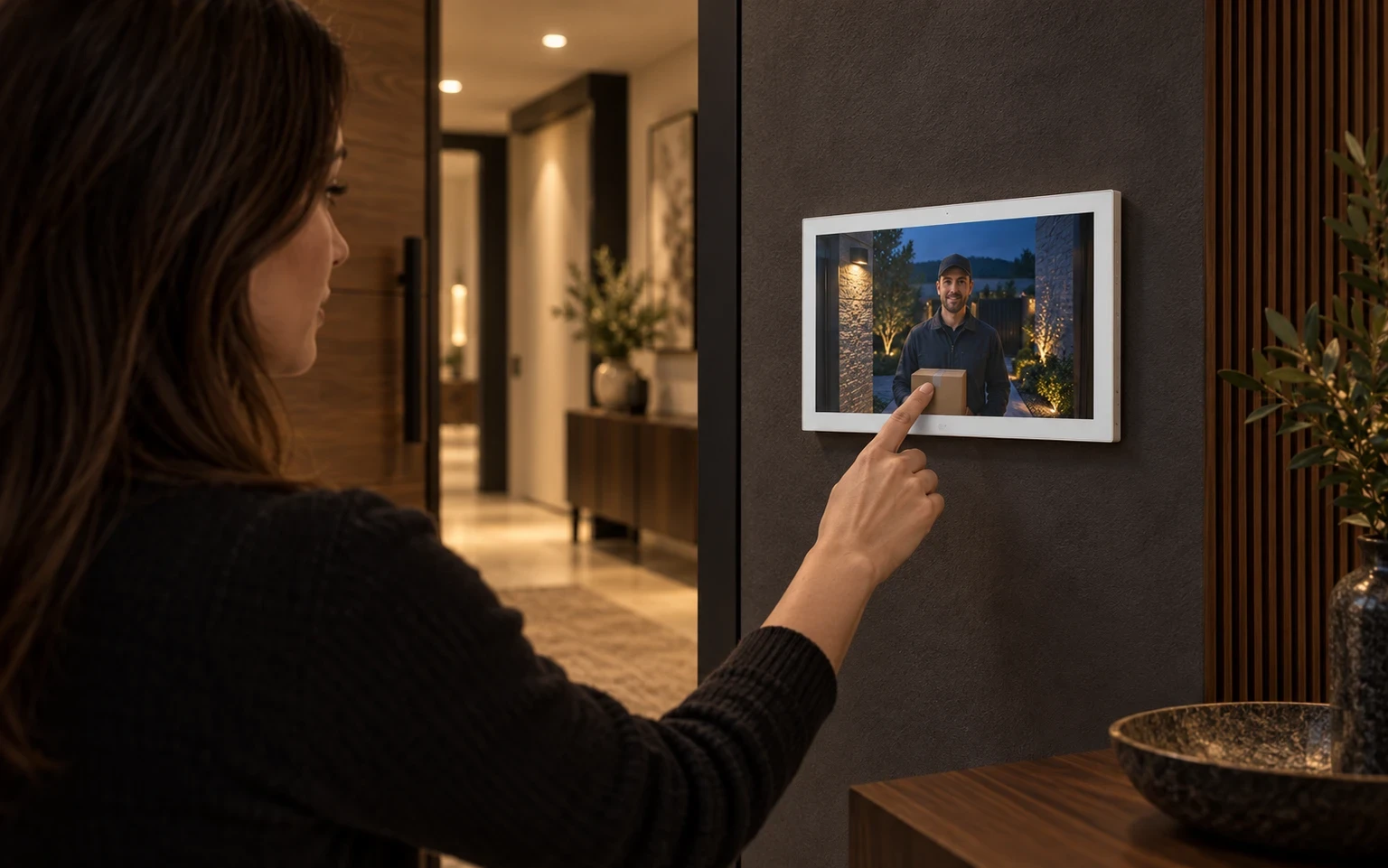 Illustrative indoor intercom monitor used in a residential hallway.