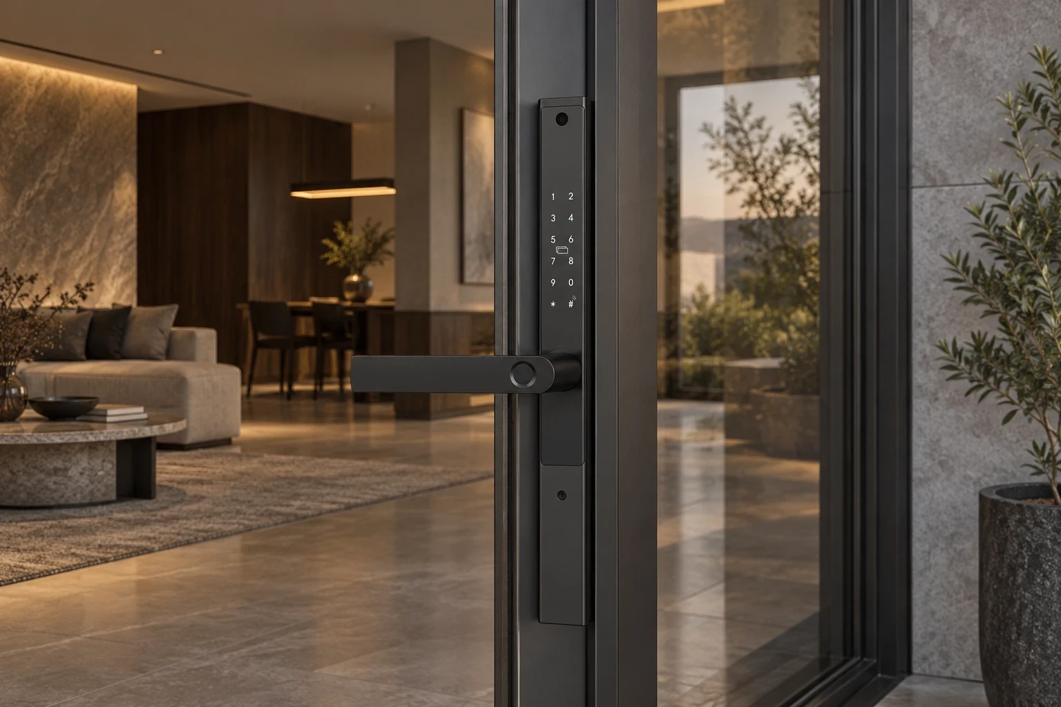 Illustrative narrow-profile glazed door with a slim smart lock.