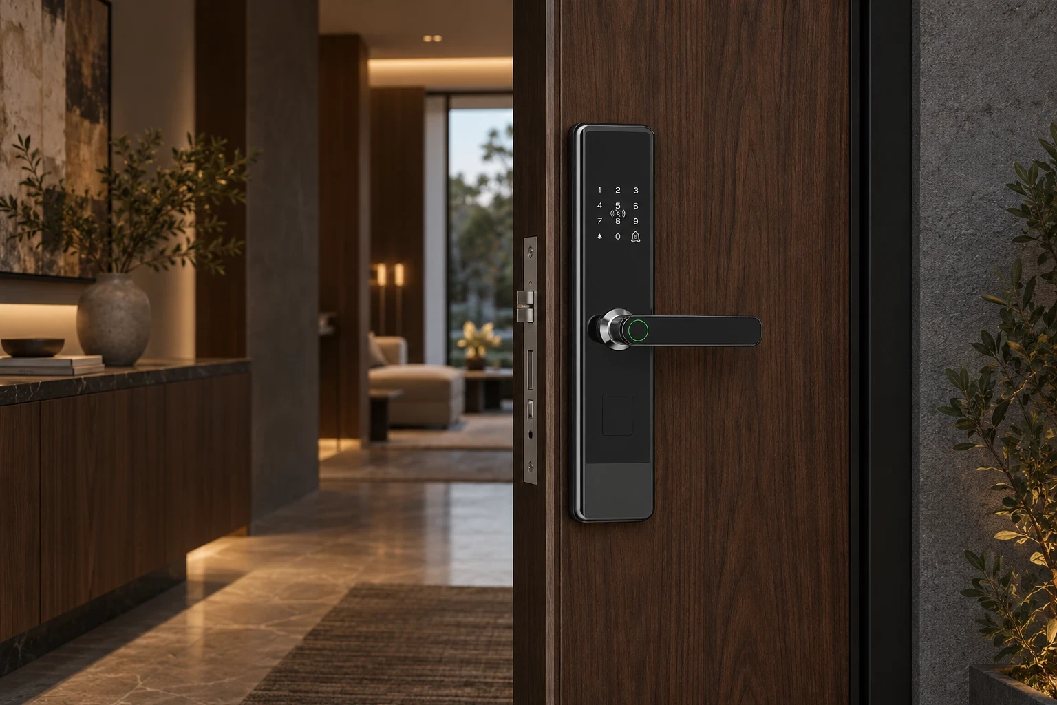 Illustrative timber door with a handle-operated smart lock.