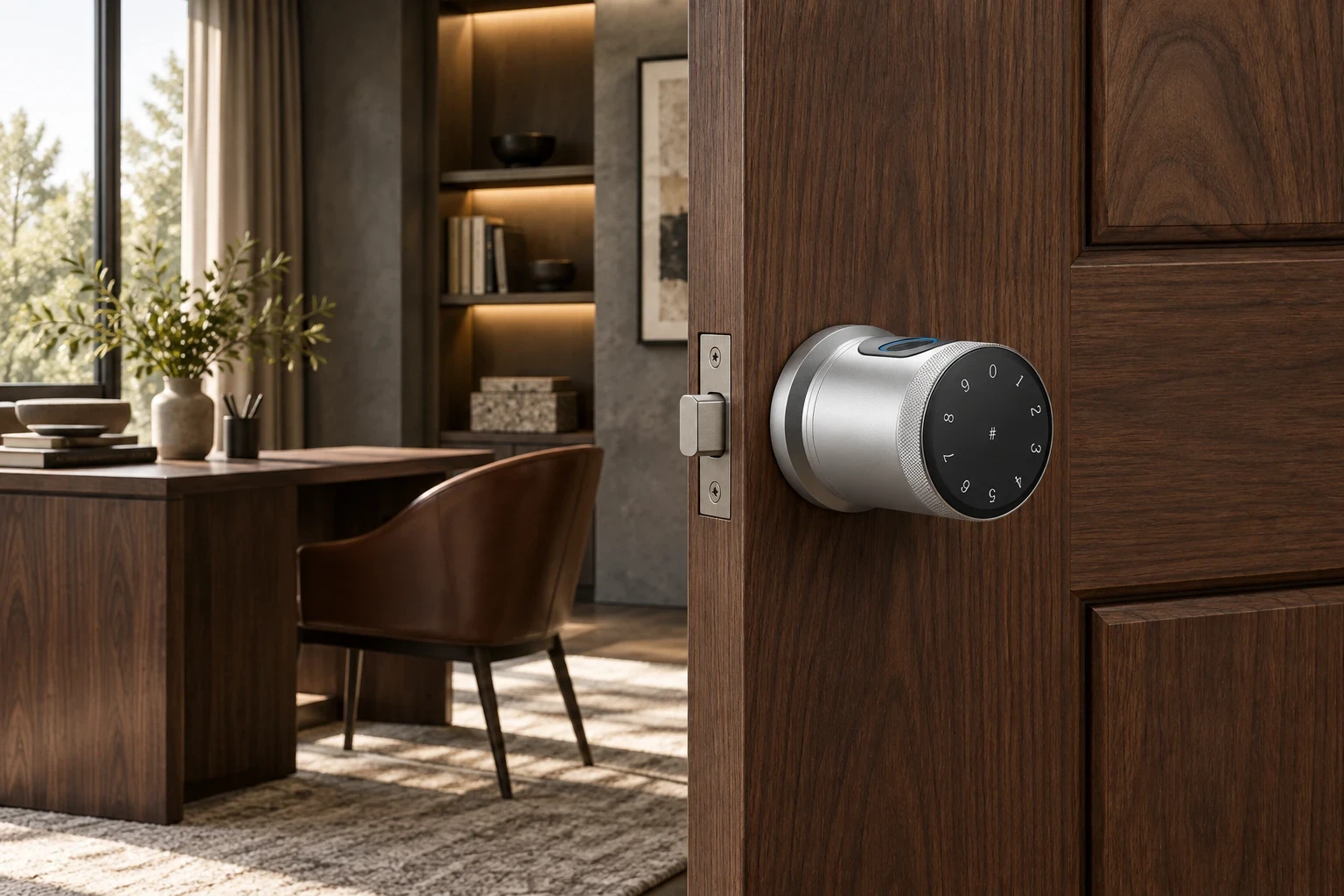 Illustrative interior door with a smart knob lock.