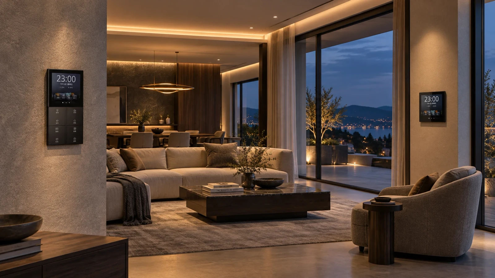 Illustrative living space with full-height curtains; a curtain-control planning concept.