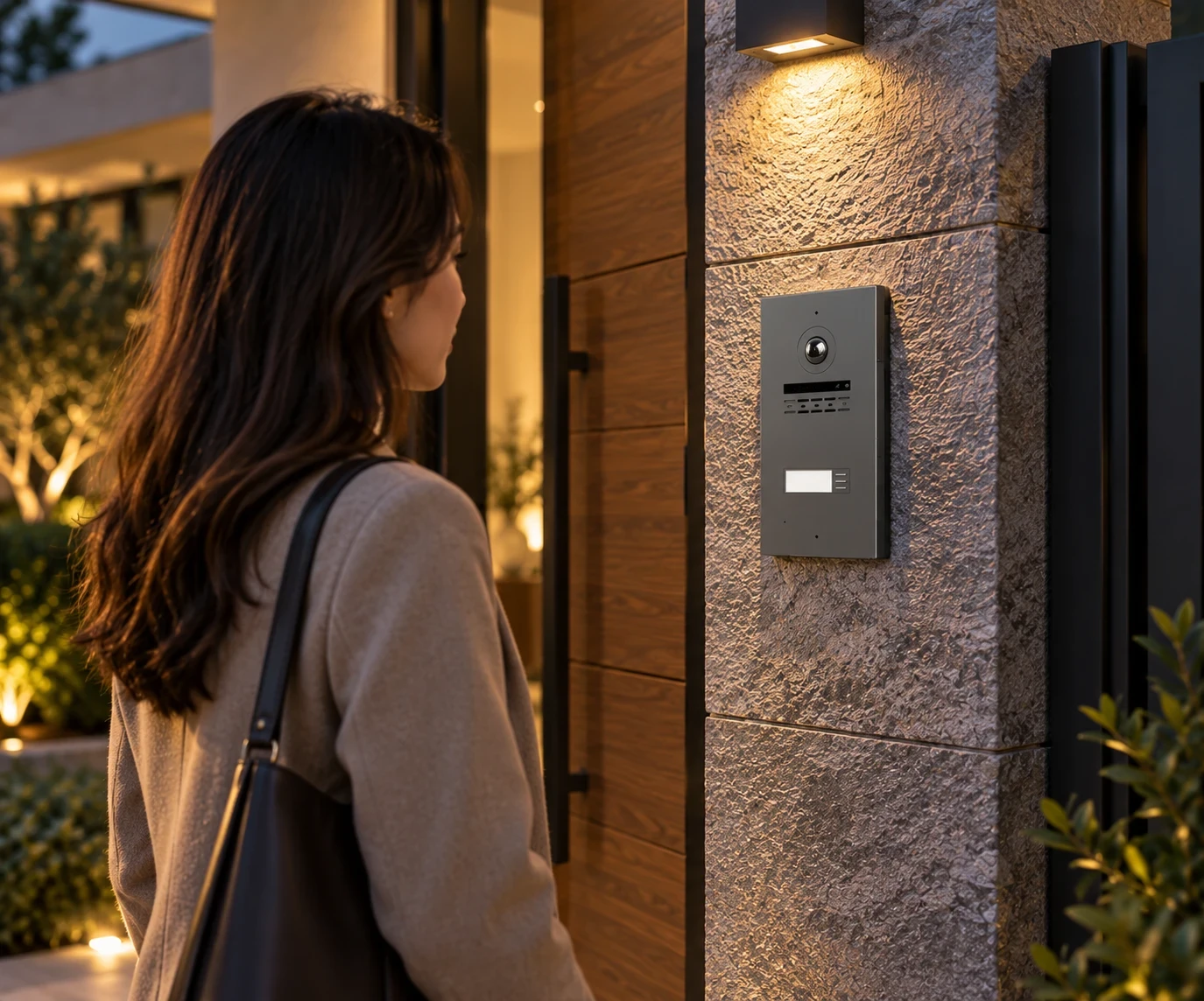 Illustrative visitor arrival at an entrance with a LEONDARX outdoor intercom station.