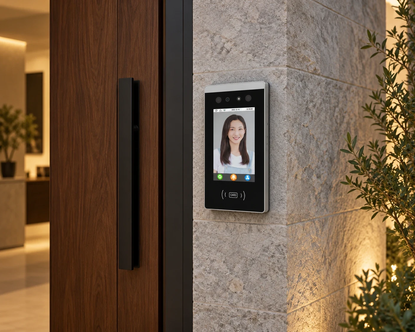 Illustrative building entrance with a wall-mounted touchscreen door station.