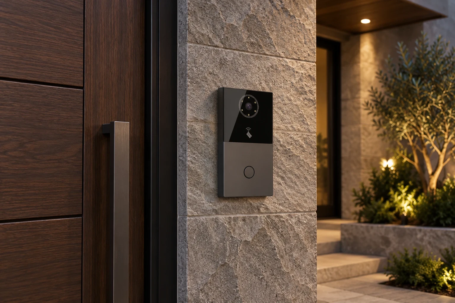 Illustrative villa entrance with an outdoor video intercom station.