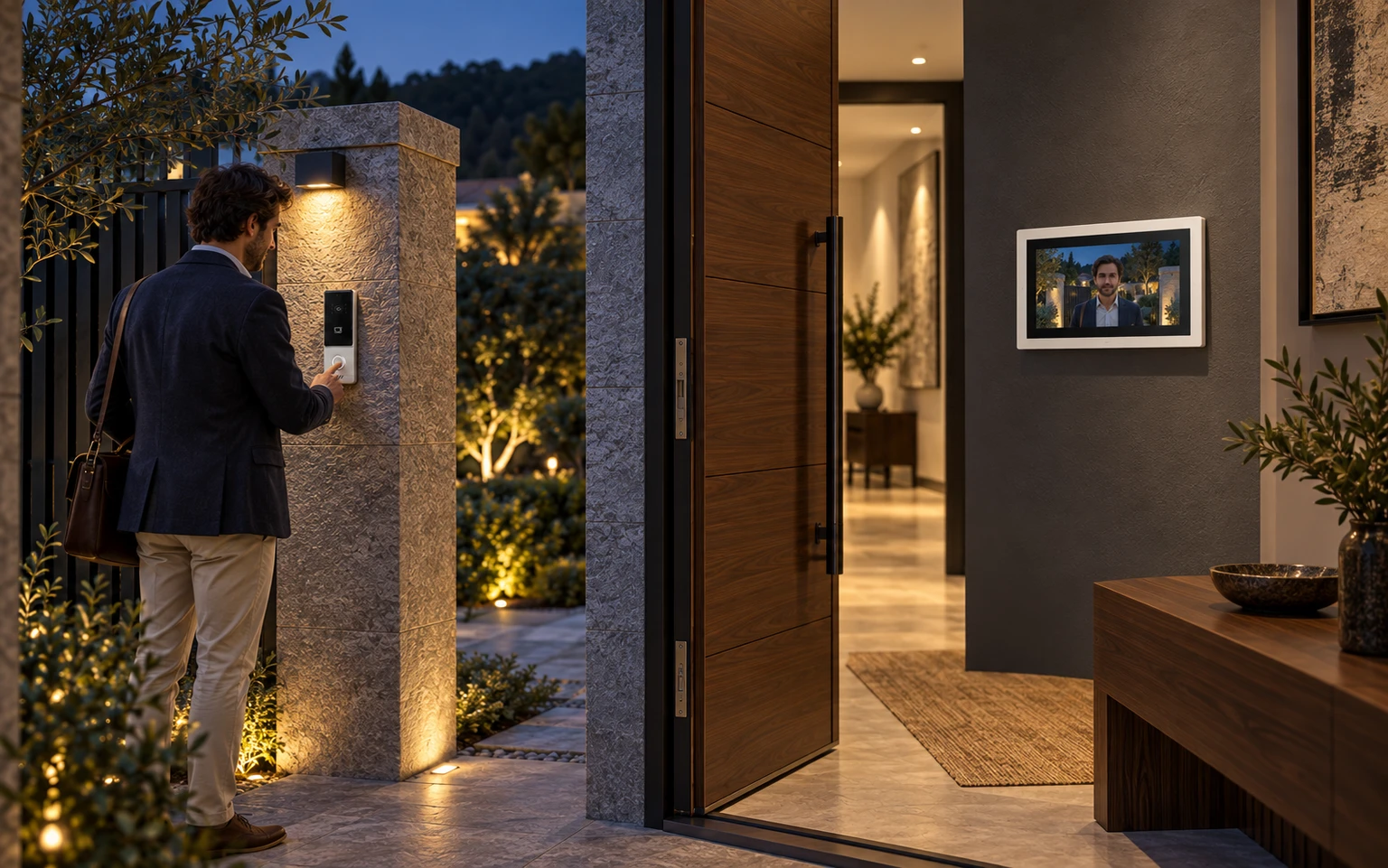Illustrative villa entrance with an outdoor door station and H21 indoor monitor
