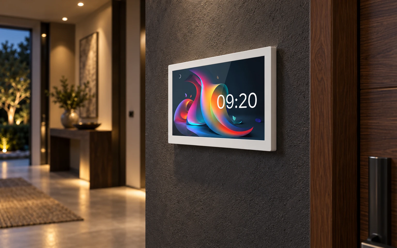Illustrative white H21 monitor mounted beside a walnut door on a textured graphite wall