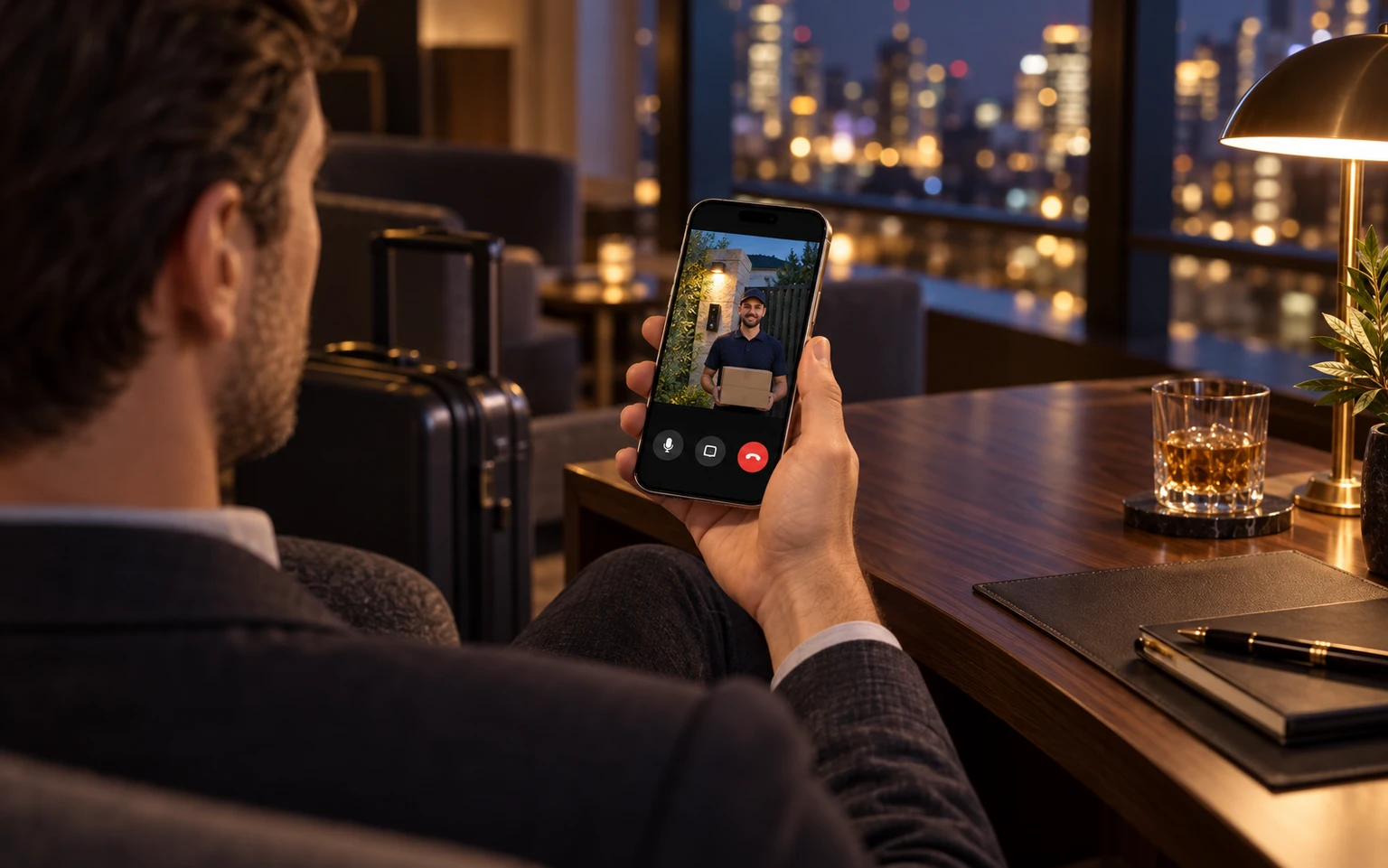 Illustrative traveller viewing a visitor call on a smartphone in a warm evening lounge