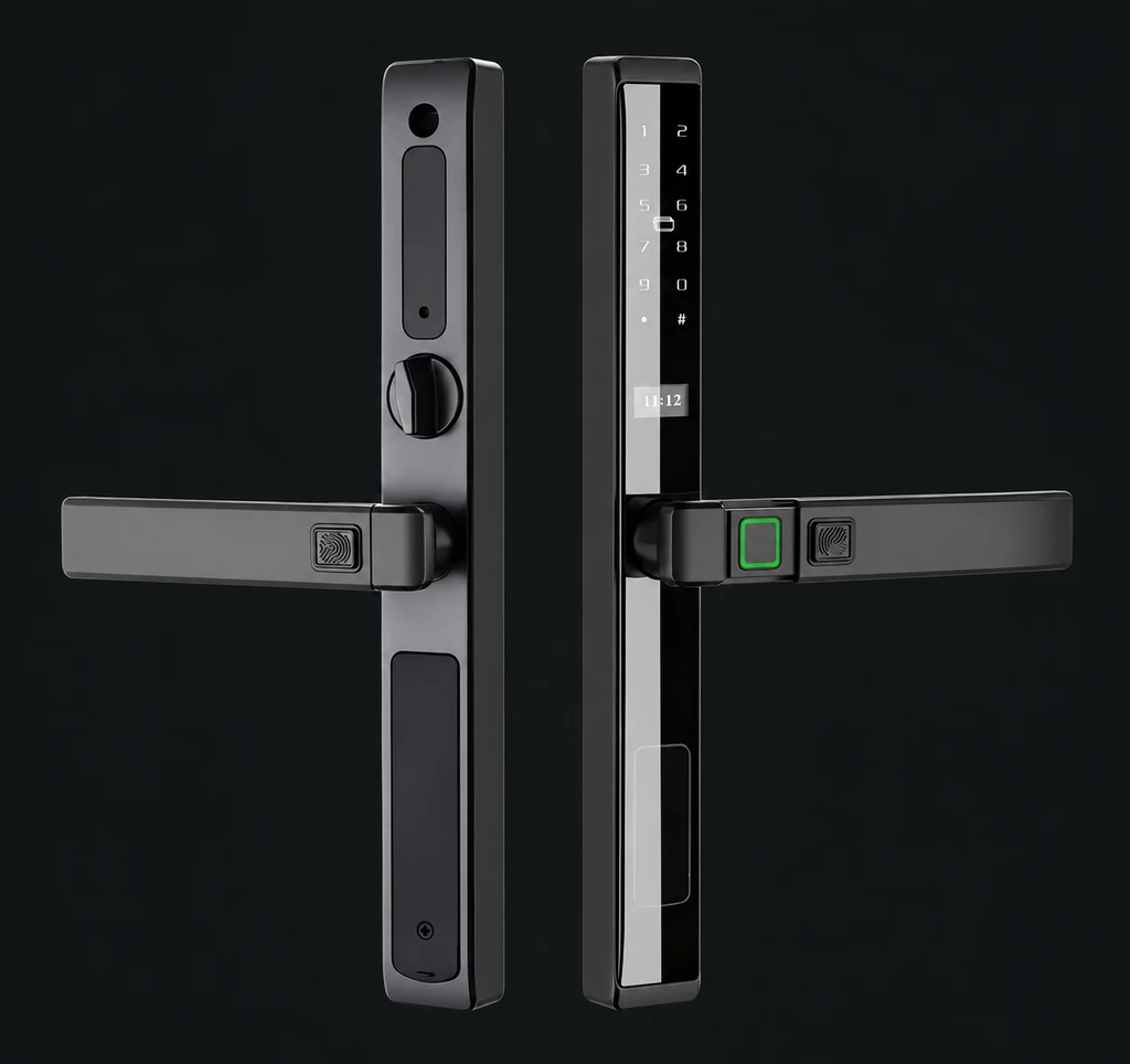 LJ02-A Semi-Automatic Narrow Frame Smart Lock: charcoal studio visualization based on the original manufacturer reference