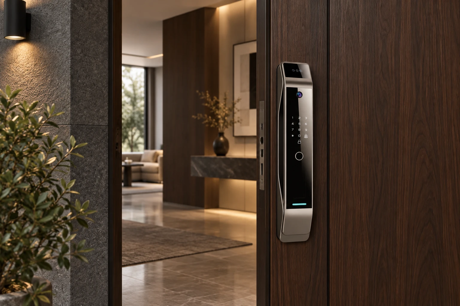 Illustrative application scene based on T12 Ultra 3D Face Recognition Intercom Peephole display App Remote Control Fingerprint Video Door Lock