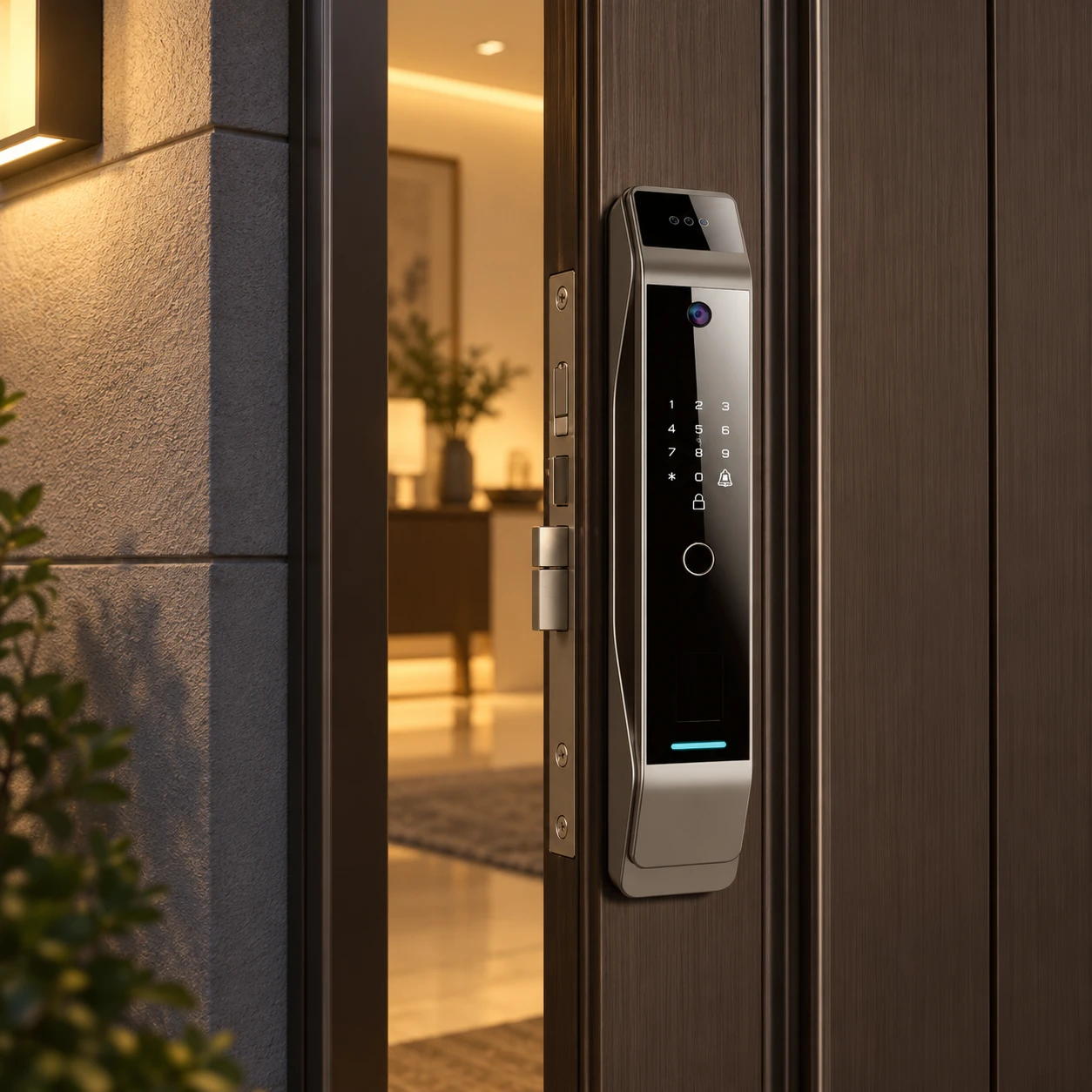 Illustrative daily-use scene based on T12 Ultra 3D Face Recognition Intercom Peephole display App Remote Control Fingerprint Video Door Lock
