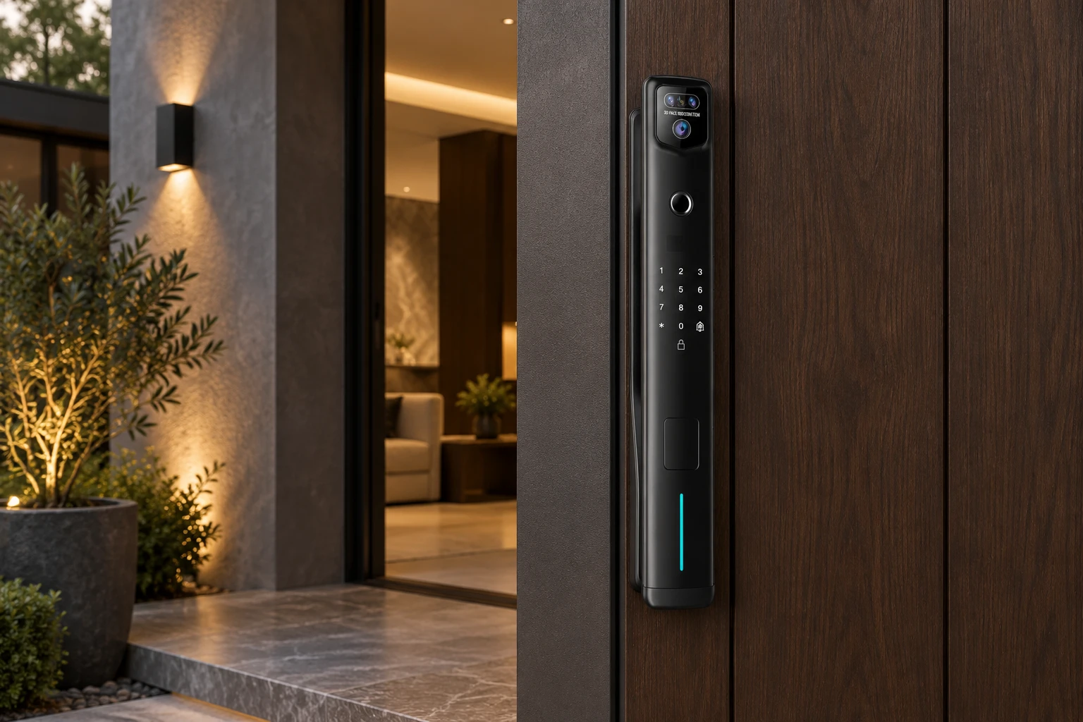 Illustrative application scene based on T16 Ultra 3D Face Recognition Intercom Peephole display App Remote Control Fingerprint Video Door Lock