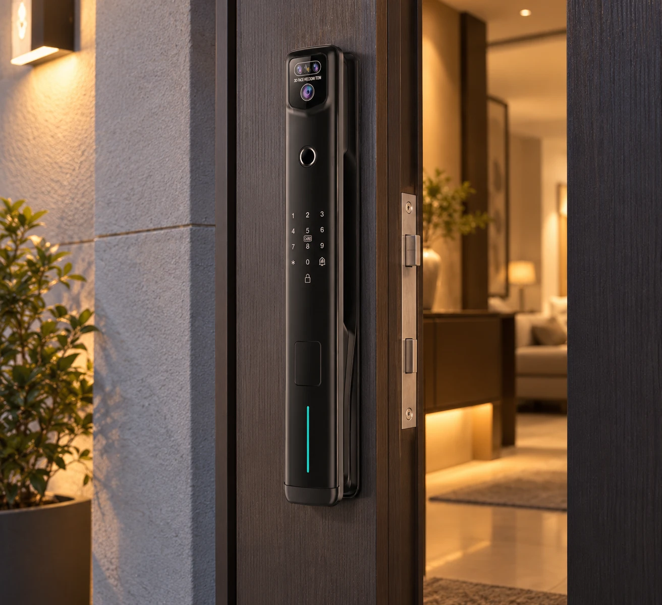 Illustrative daily-use scene based on T16 Ultra 3D Face Recognition Intercom Peephole display App Remote Control Fingerprint Video Door Lock