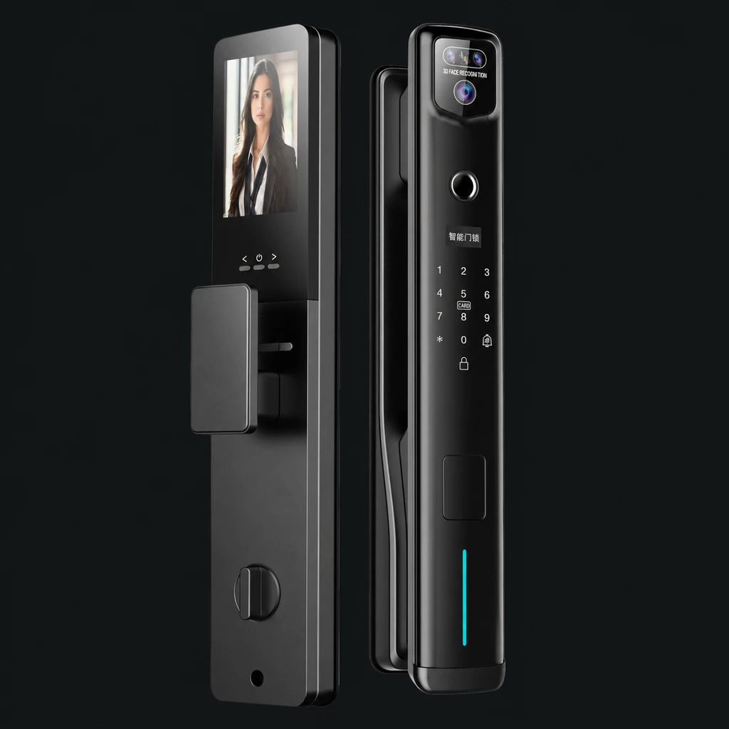 T16 Ultra 3D Face Recognition Intercom Peephole display App Remote Control Fingerprint Video Door Lock: charcoal studio visualization based on the original manufacturer reference