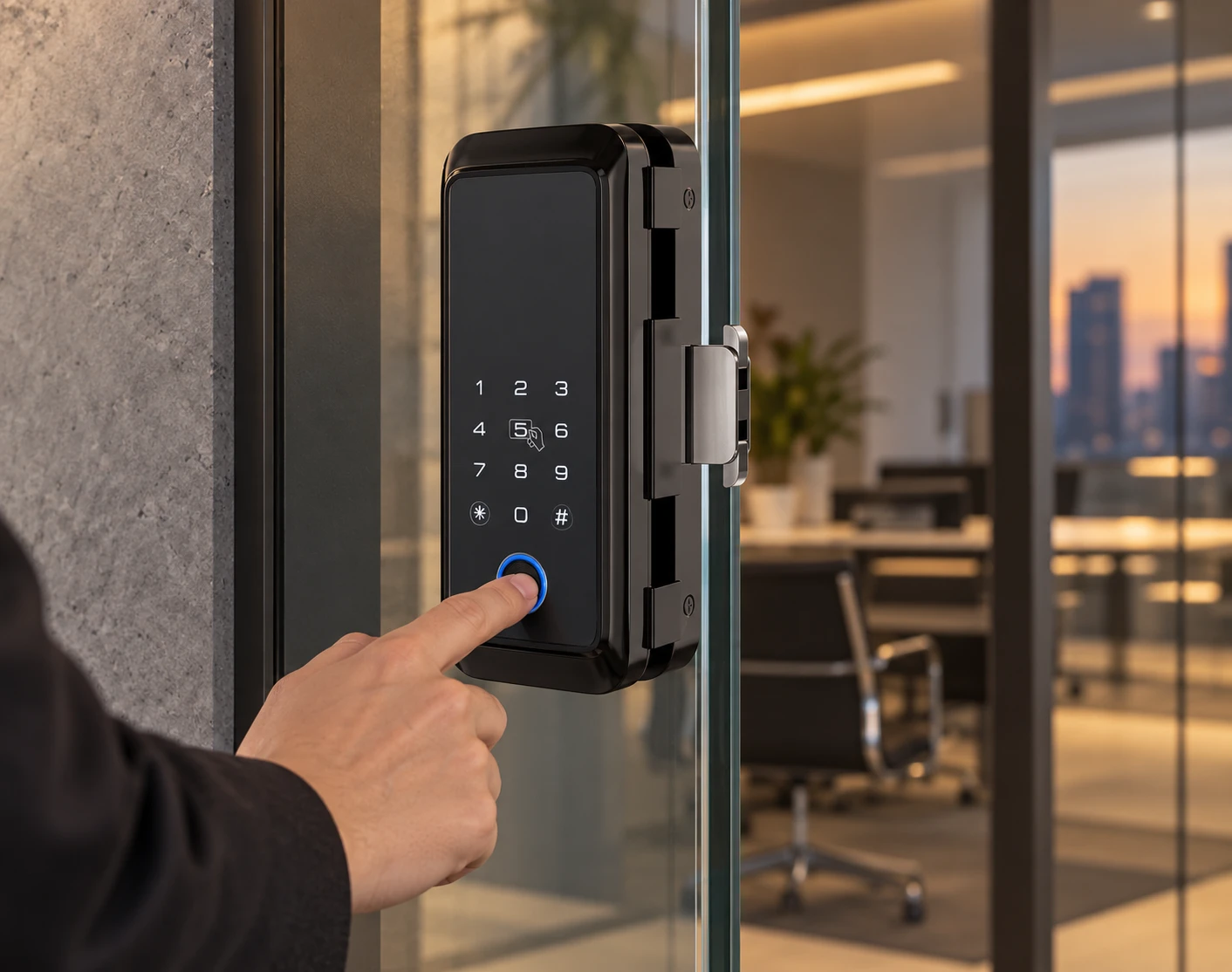 Illustrative daily-use scene based on 902 Glass Door Smart Fingerprint Lock