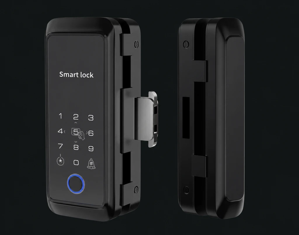 902 Glass Door Smart Fingerprint Lock: charcoal studio visualization based on the original manufacturer reference