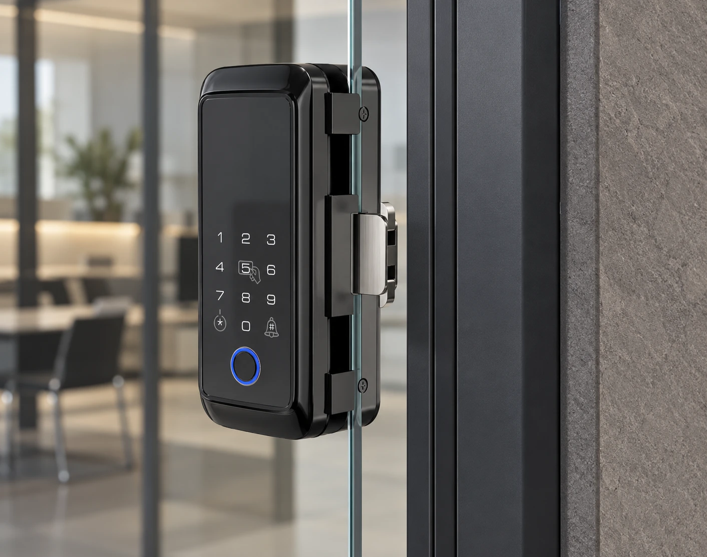 Illustrative installation scene based on 902 Glass Door Smart Fingerprint Lock