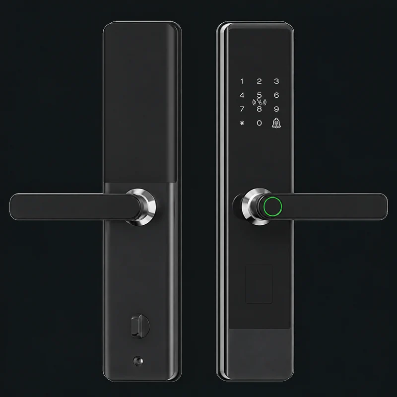 T5 Semi-Automatic Smart Fingerprint Door: charcoal studio visualization based on the original manufacturer reference