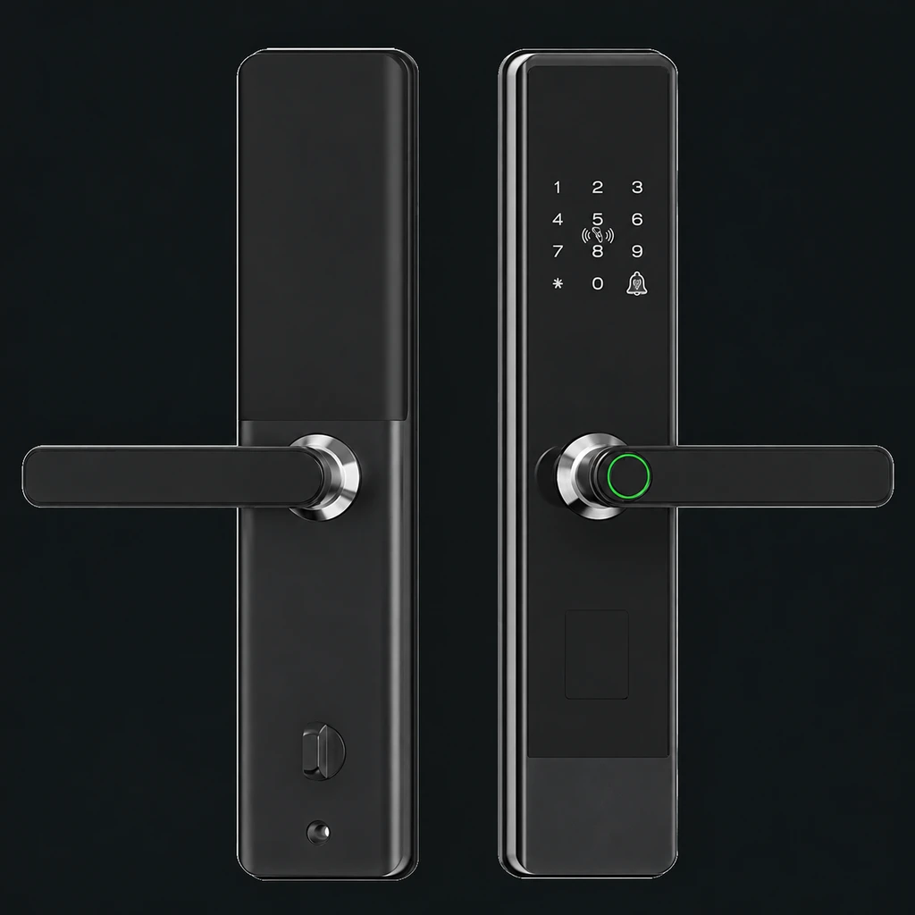 T5 Semi-Automatic Smart Fingerprint Door: charcoal studio visualization based on the original manufacturer reference