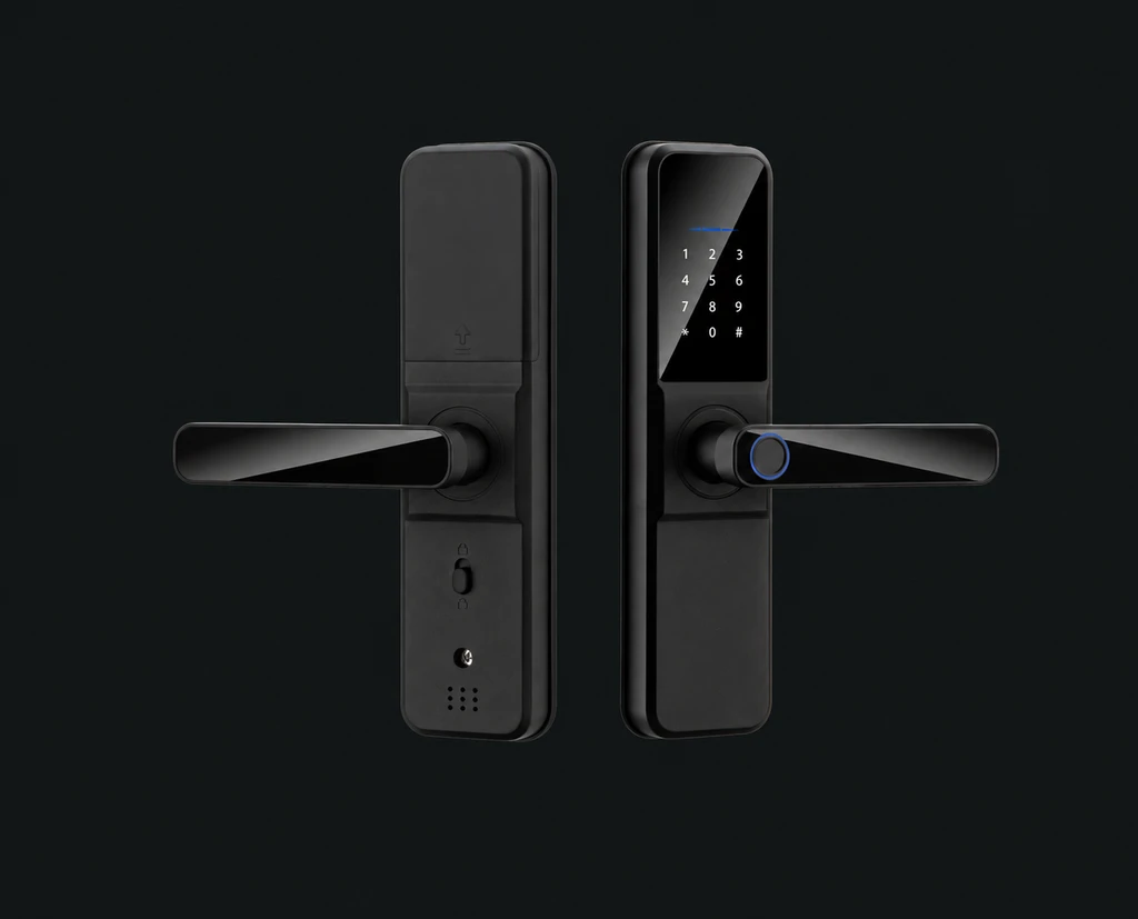 F04 Indoor-Apartment Smart Door Lock（TTLock）: charcoal studio visualization based on the original manufacturer reference