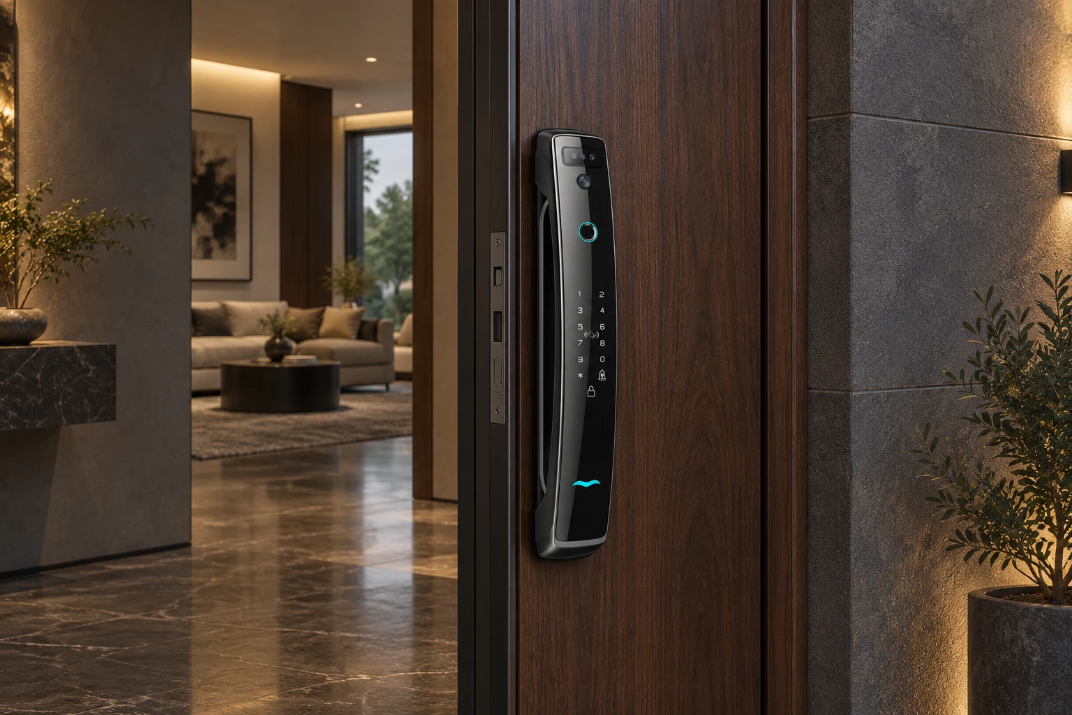 Illustrative application scene based on T13 Ultra 3D Face Recognition Intercom Peephole display App Remote Control Fingerprint Video Door Lock