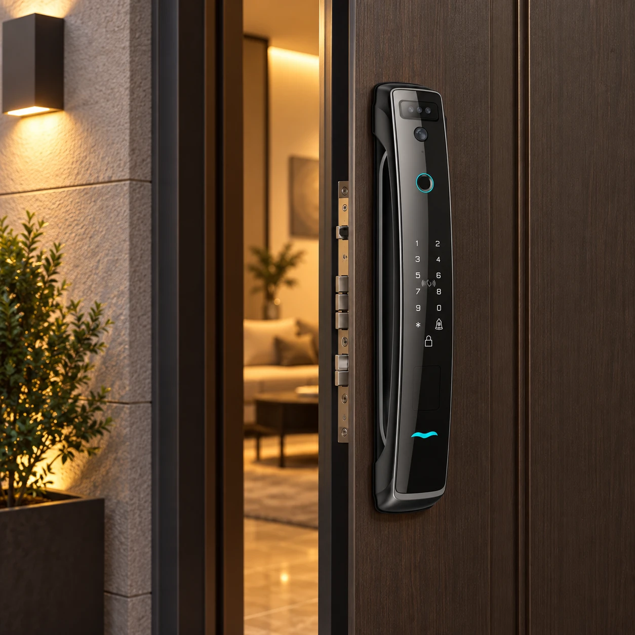 Illustrative daily-use scene based on T13 Ultra 3D Face Recognition Intercom Peephole display App Remote Control Fingerprint Video Door Lock
