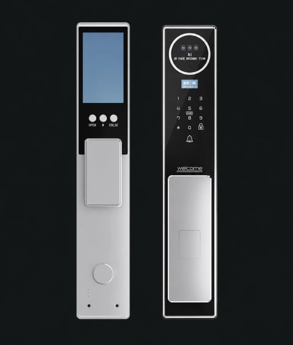 T18 Fully-Automatic Face Recognition and Visible Peephole Smart Lock: charcoal studio visualization based on the original manufacturer reference