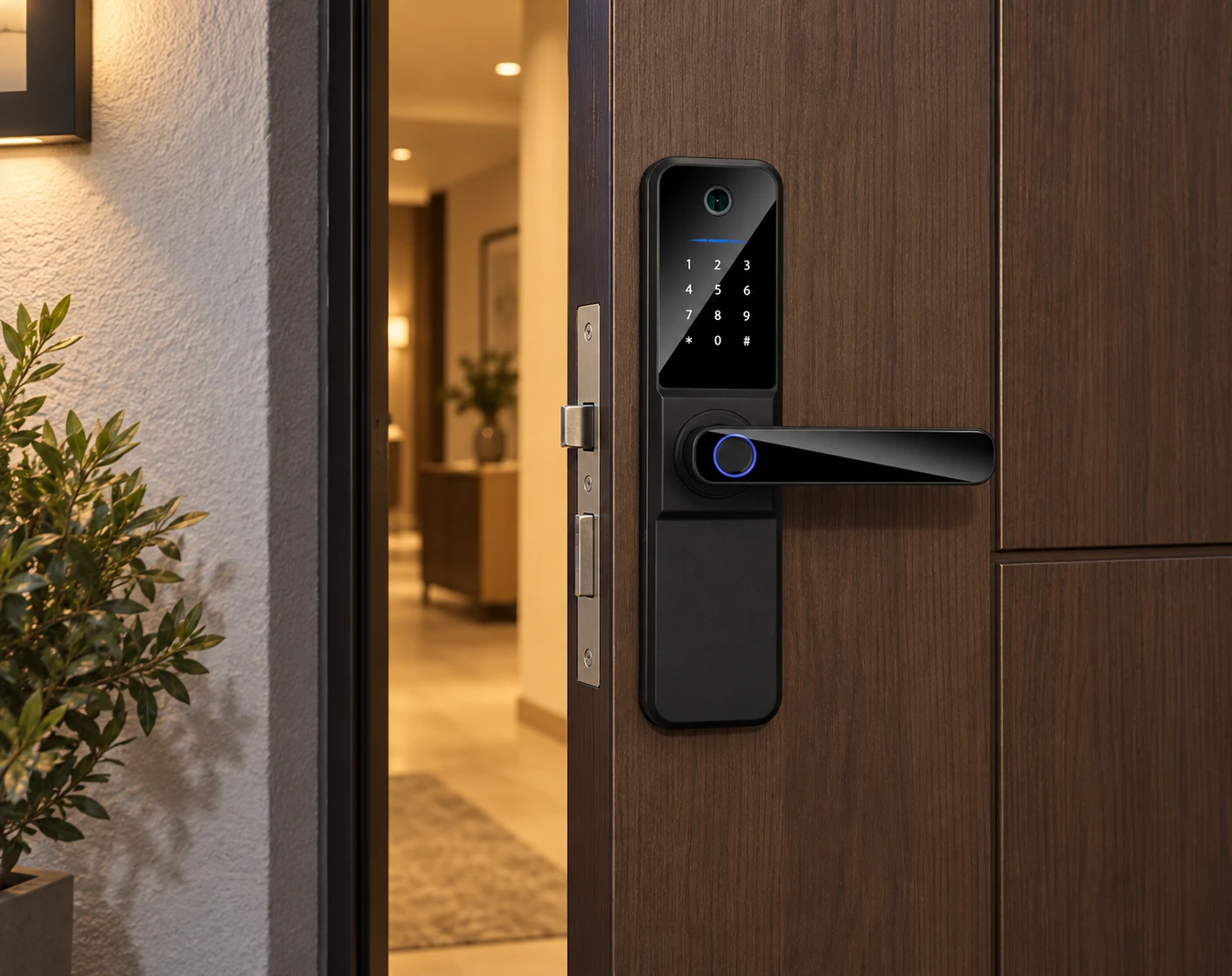 Illustrative daily-use scene based on F03 Apartment Smart Door Lock with Visible Peephole