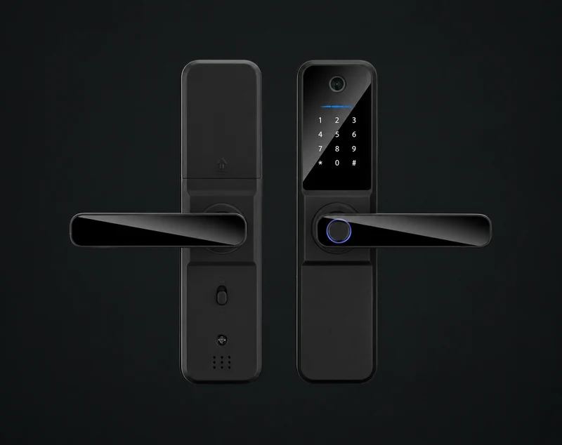 F03 Apartment Smart Door Lock with Visible Peephole: charcoal studio visualization based on the original manufacturer reference
