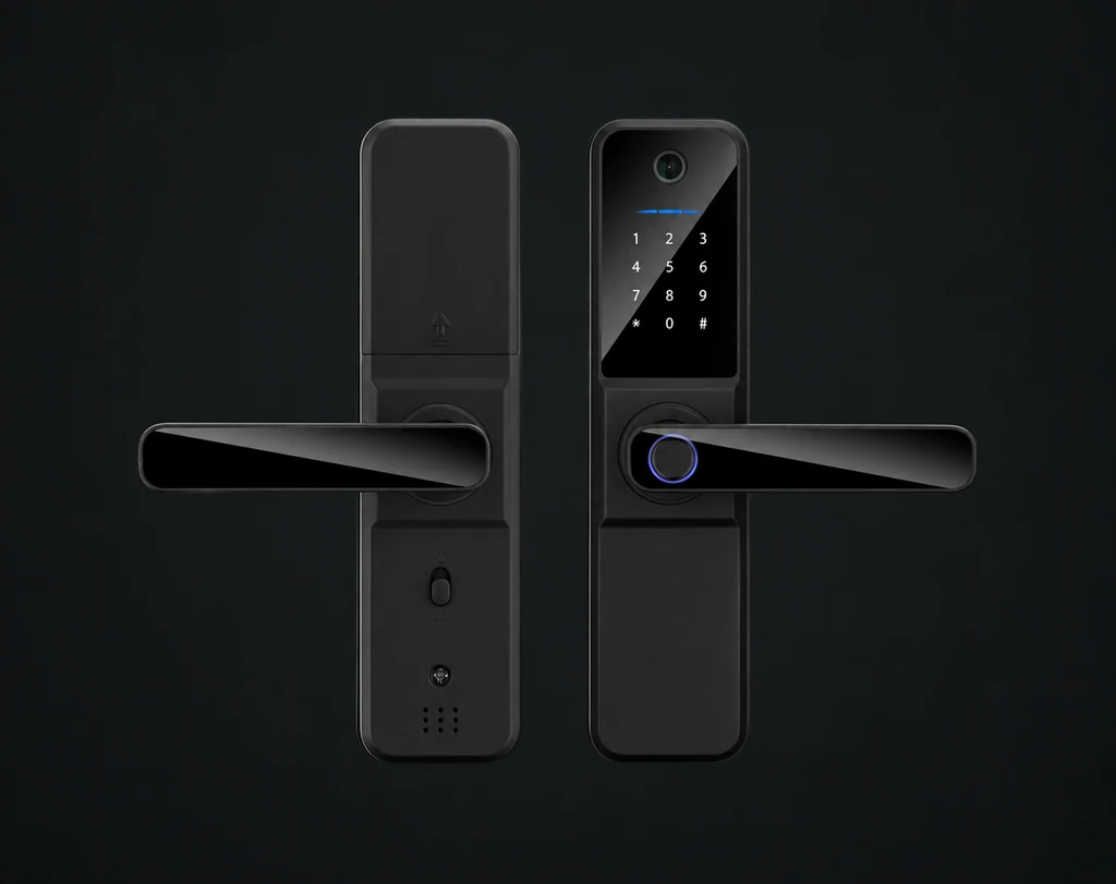 F03 Apartment Smart Door Lock with Visible Peephole: charcoal studio visualization based on the original manufacturer reference