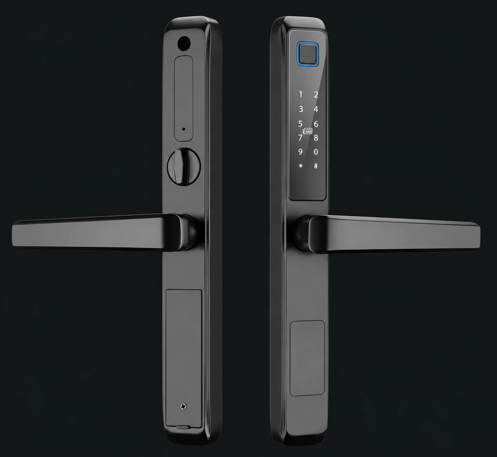 LJ01-E Semi-Automatic Narrow Frame Smart Lock: charcoal studio visualization based on the original manufacturer reference