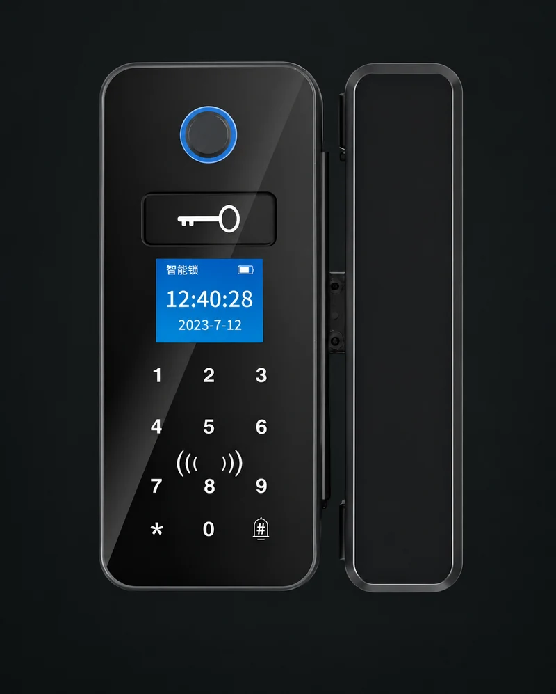 A10 Smart Glass Door Lock: charcoal studio visualization based on the original manufacturer reference