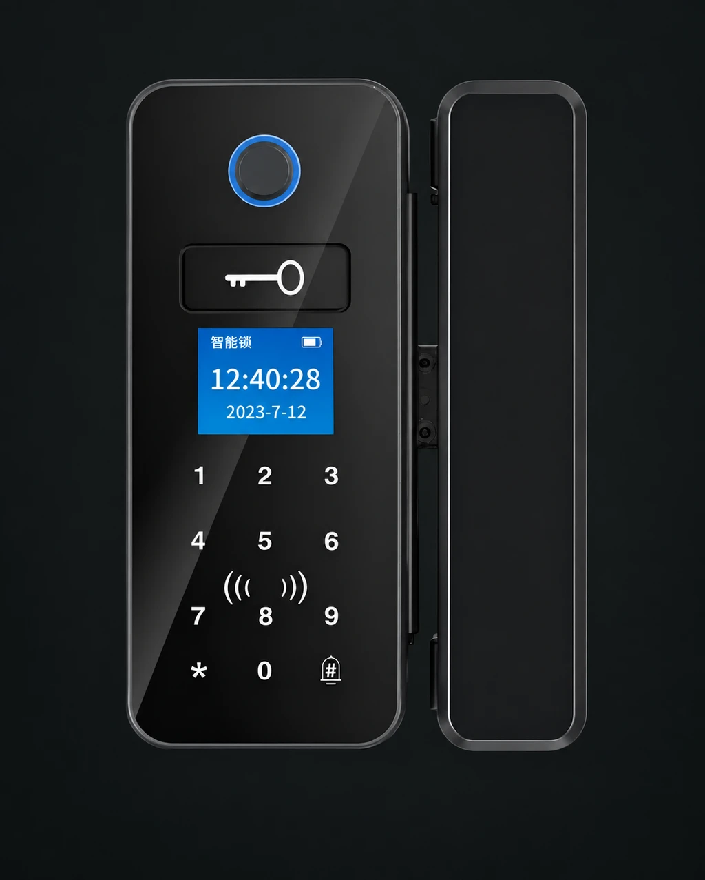 A10 Smart Glass Door Lock: charcoal studio visualization based on the original manufacturer reference