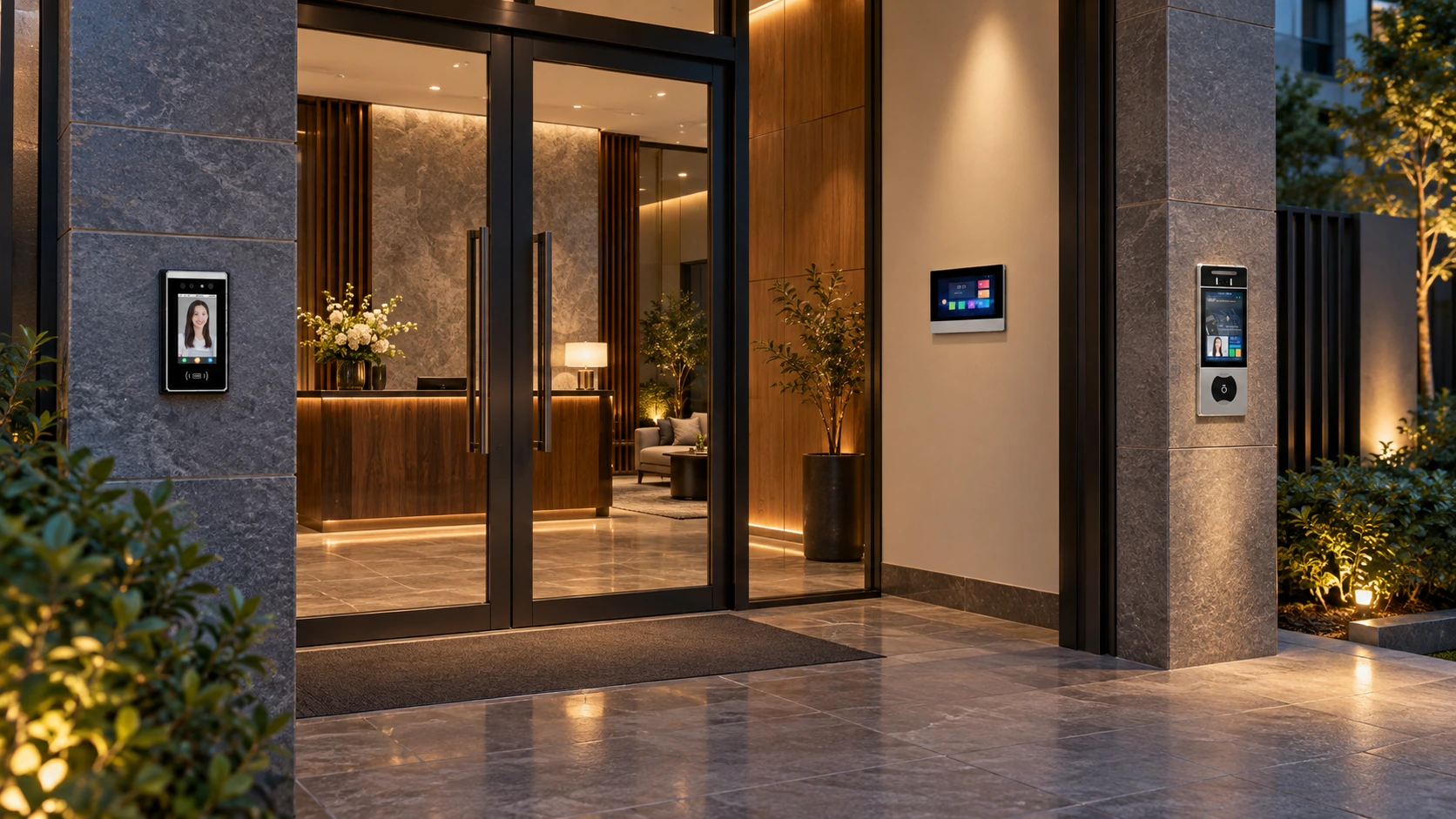 Illustrative building entrance with two separately located door station options and an indoor answering monitor