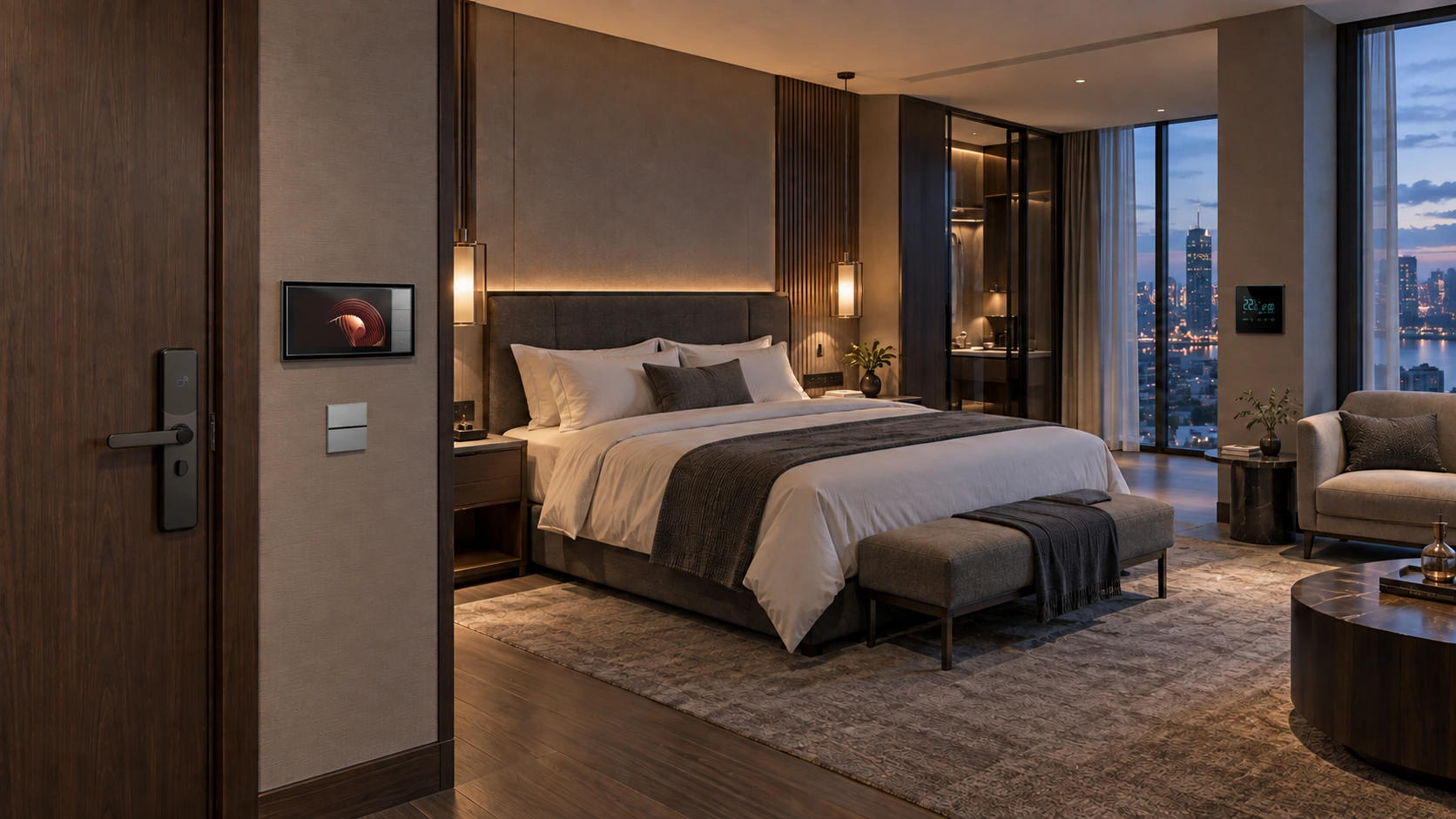 Illustrative hotel suite with wall-mounted LEONDARX product references