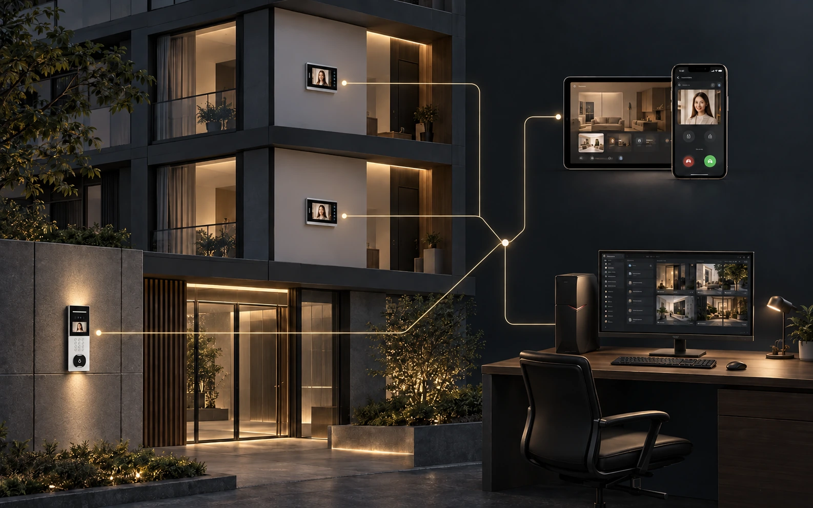 Architectural concept linking entrance, indoor answering and management roles