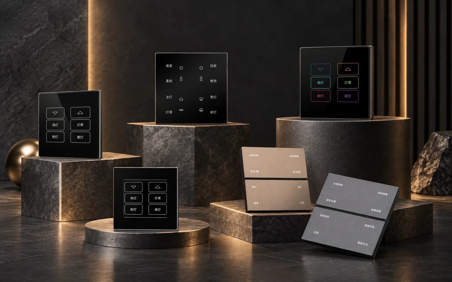 Dark studio presentation of LEONDARX wall-control product families