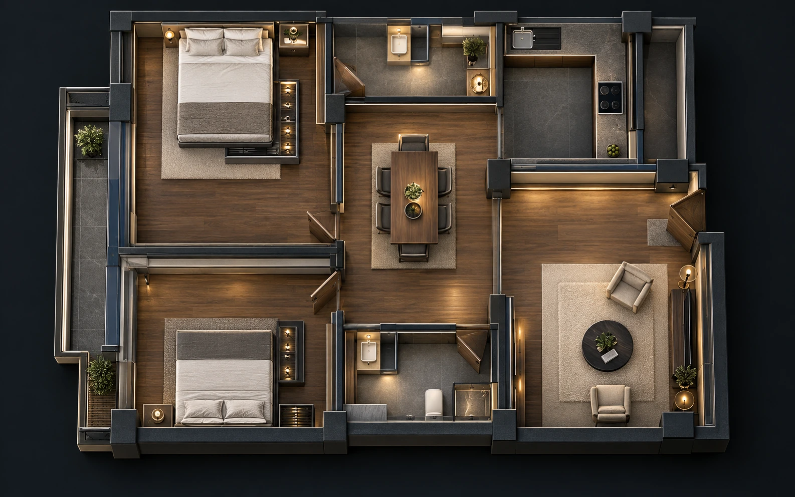 Dark two-bedroom apartment planning illustration