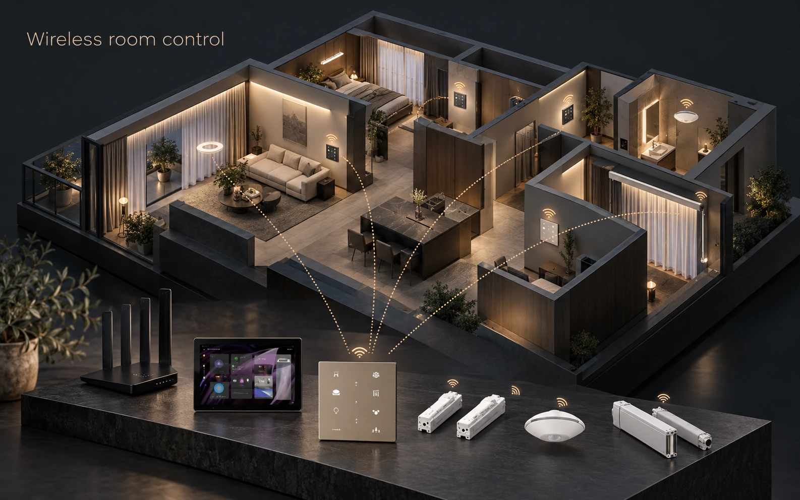 Architectural illustration of wireless room control and associated device roles