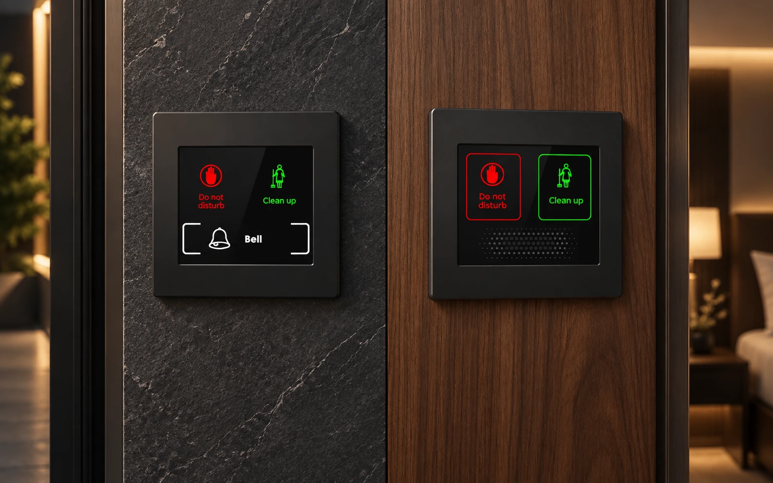 Hotel doorbell and status panels on dark stone and wood surfaces