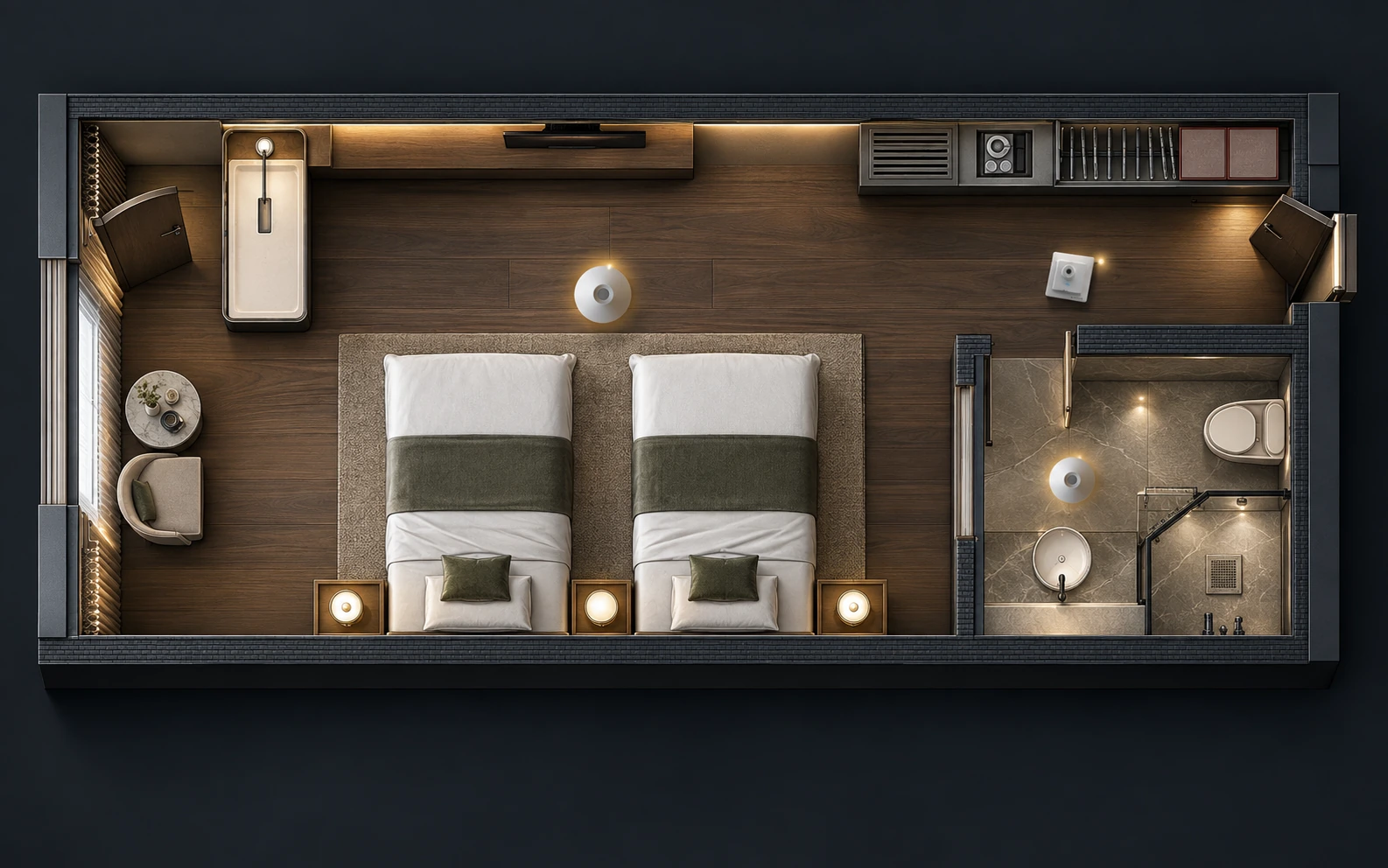 Dark guest-room layout illustrating sensor planning