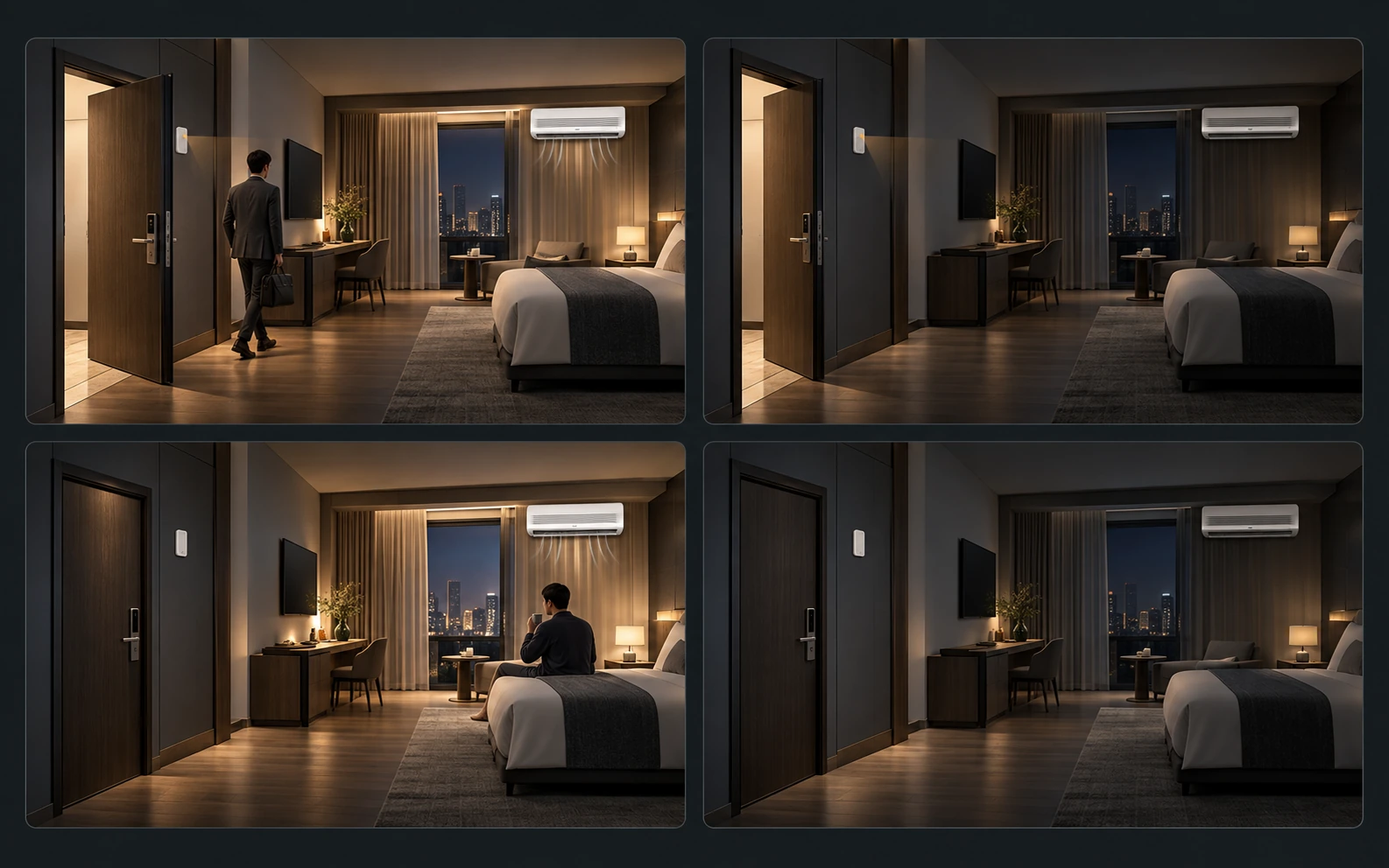 Four atmospheric hotel room views illustrating occupied and vacant situations