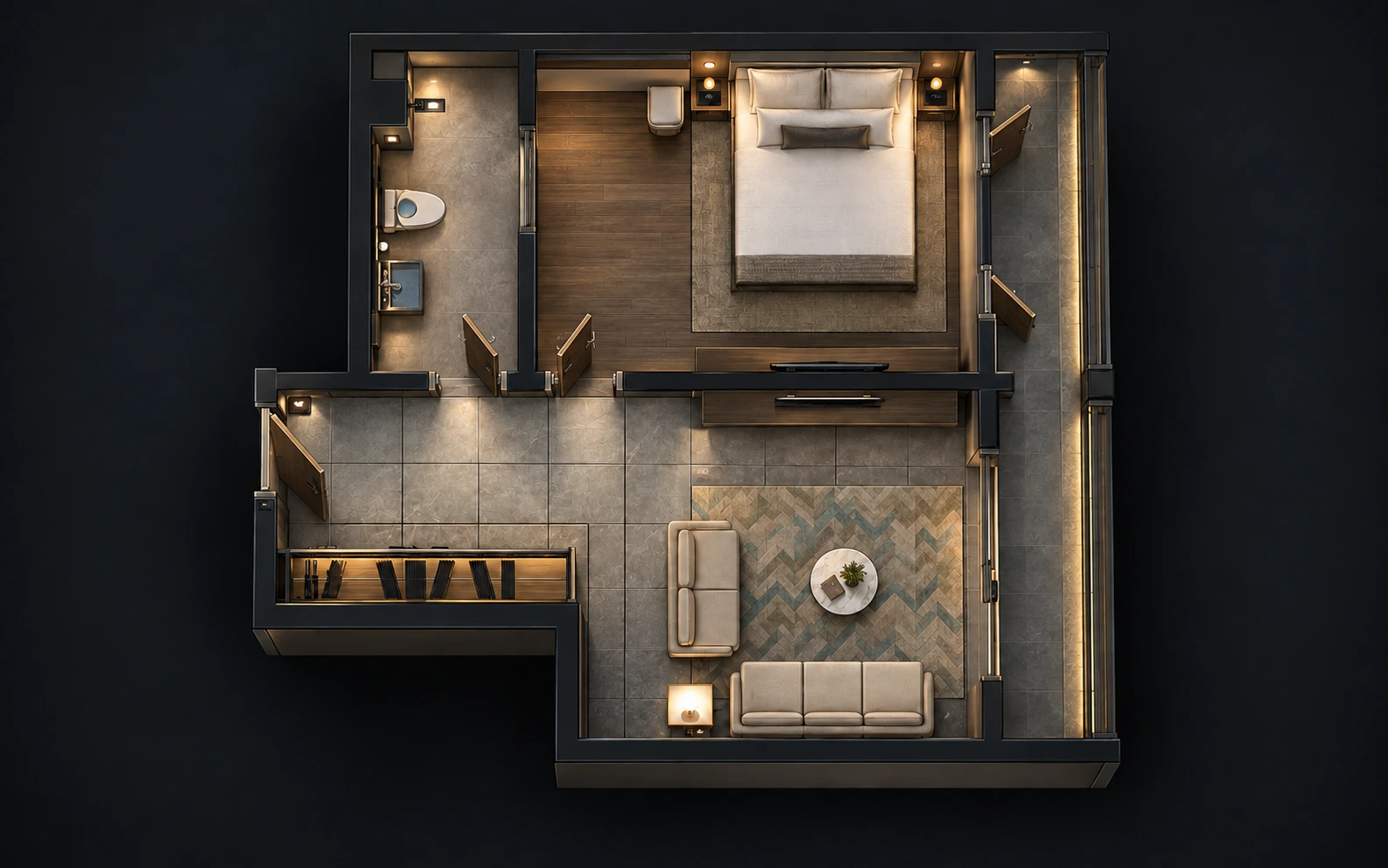 Dark hotel room layout illustrating guest-room functions
