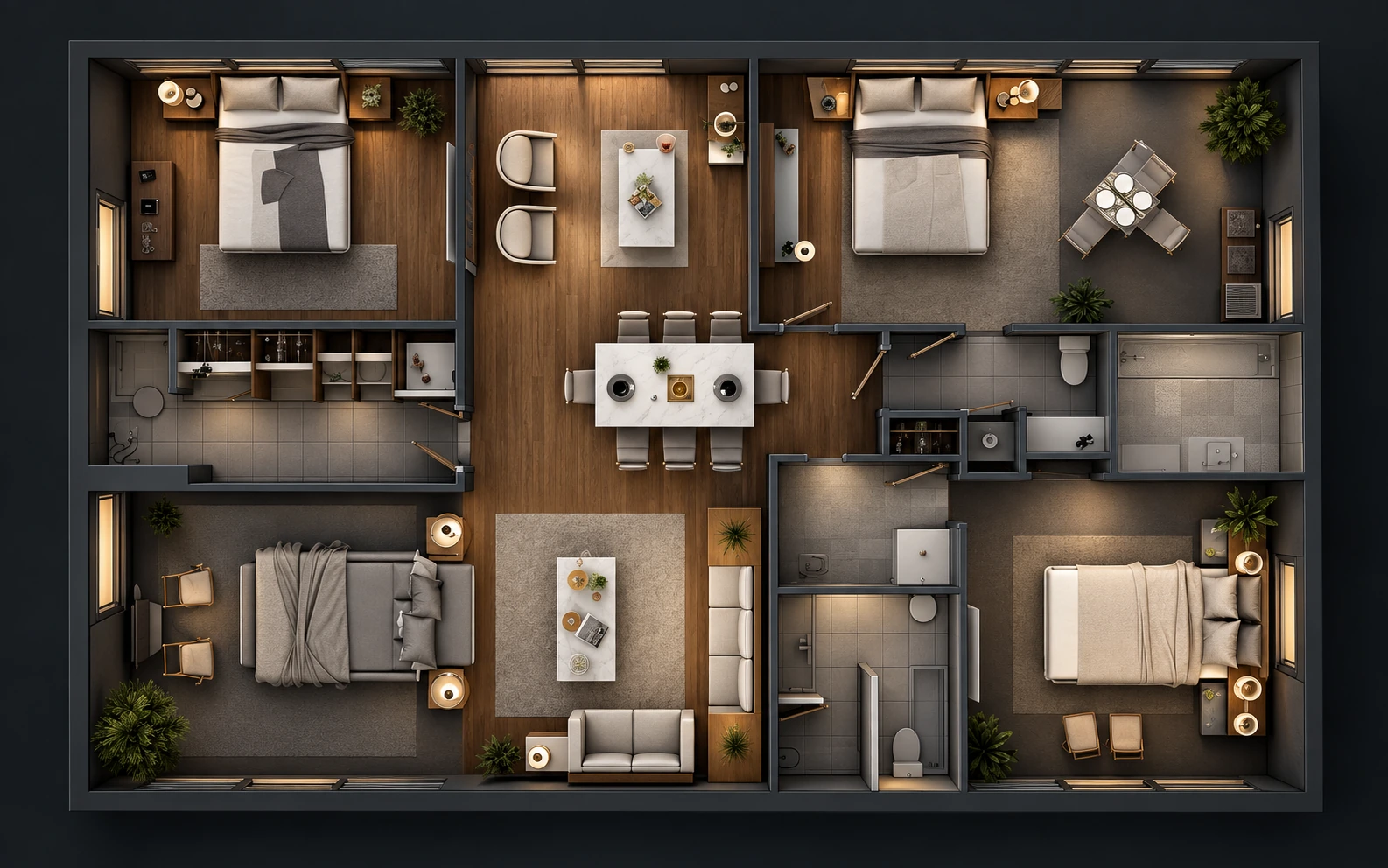 Dark residential floor plan illustrating lighting planning