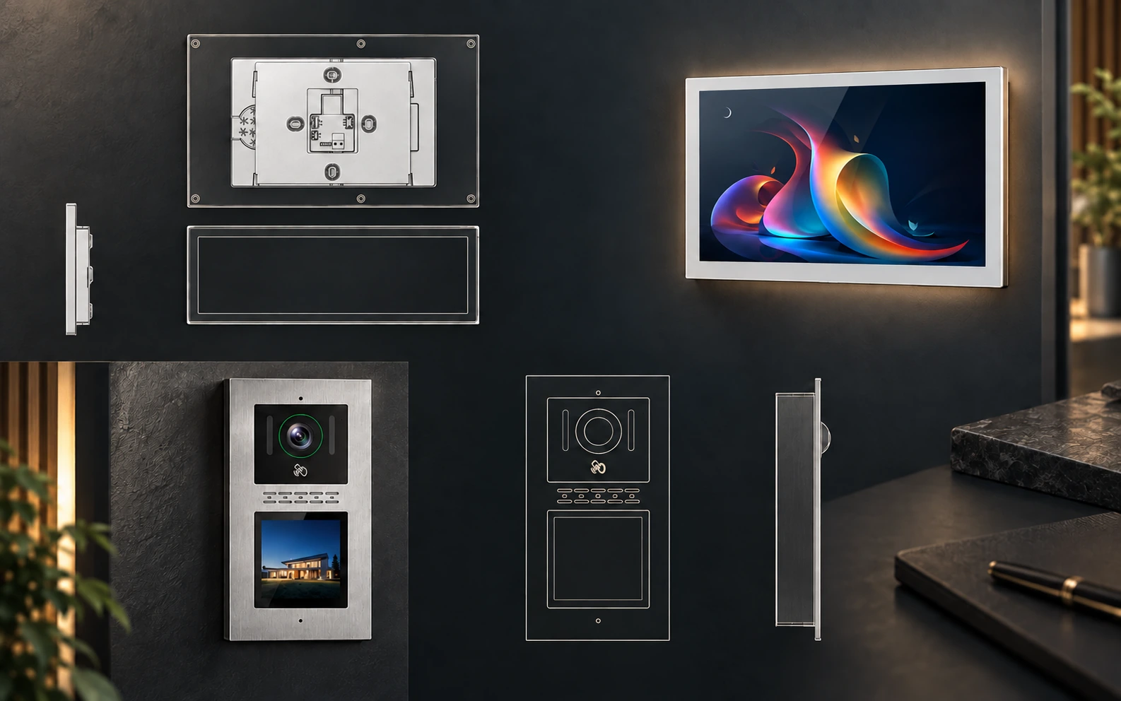 Dark product planning illustration with monitor and entrance-station views